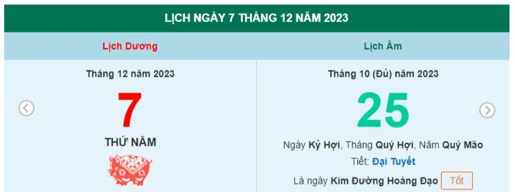 Lịch âm hôm nay - Xem lịch âm ngày 7/12/2023