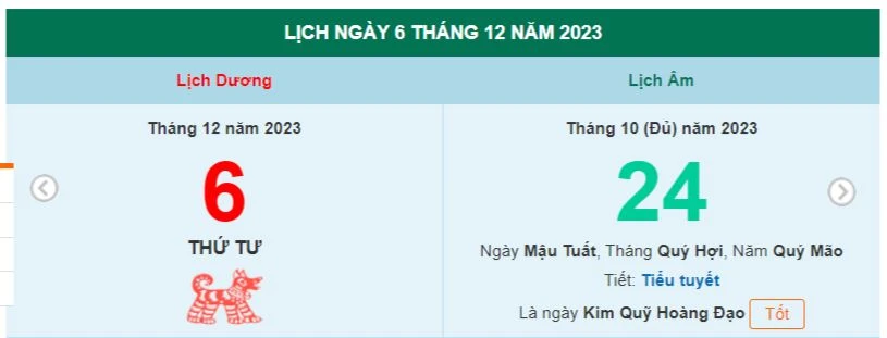 Lịch âm hôm nay - Xem lịch âm ngày 6/12/2023