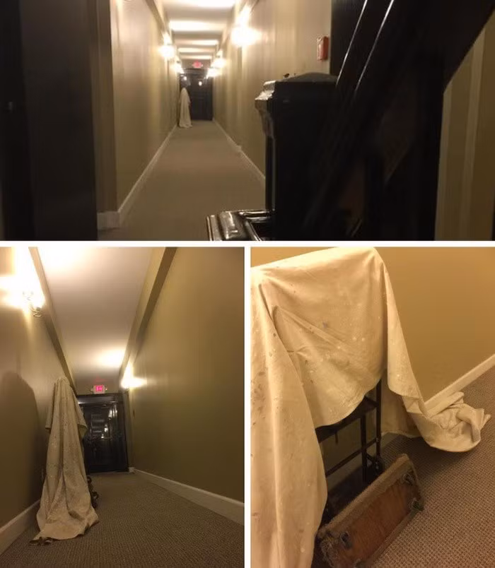 Con ma đứng ở góc hành lang hóa ra chỉ là tấm vải phủ lên 1 cái kệ.