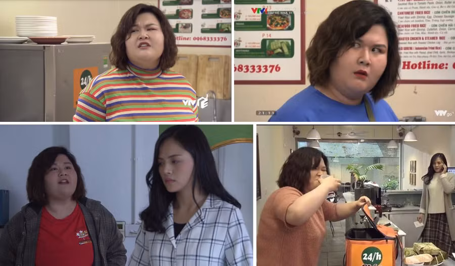 Thủy Tiên (Liễu béo) và Thu Quỳnh (Huệ) trong phim Về nhà đi con.