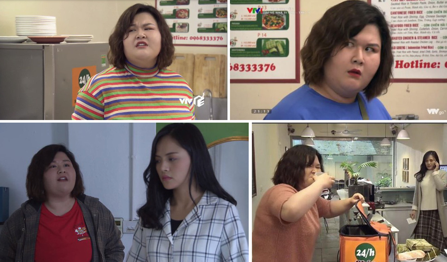 Thủy Tiên (Liễu béo) và Thu Quỳnh (Huệ) trong phim Về nhà đi con.