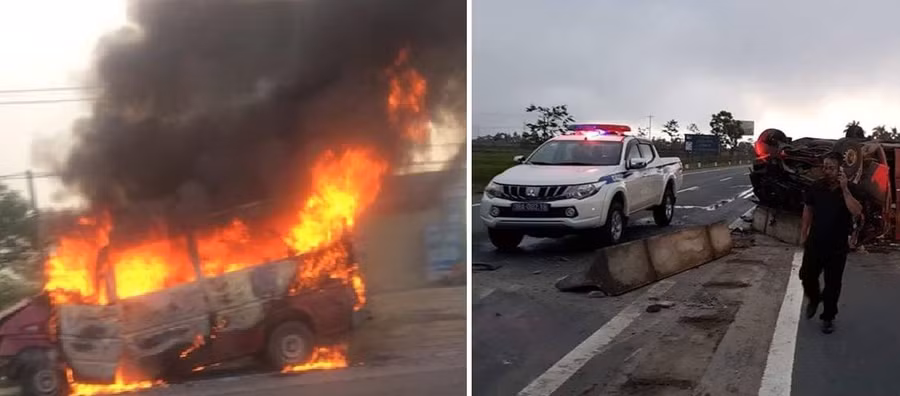 Hà Tĩnh: Xe khách đâm vào dải phân cách rồi bốc cháy, 2 vợ chồng nguy kịch