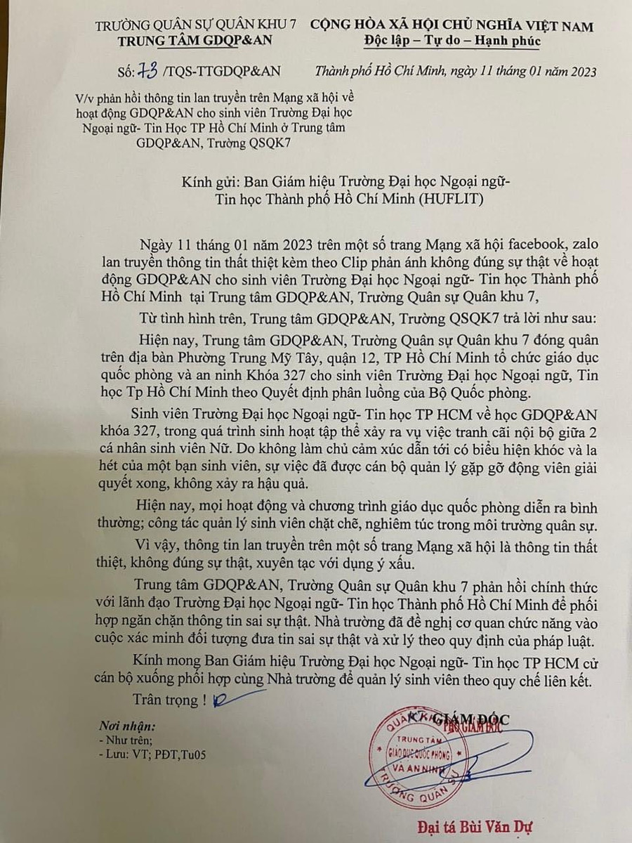 Công văn của Trường quân sự Quân khu 7 phản hồi về tin đồn 2 nữ sinh bị xâm hại. Công văn của Trường quân sự Quân khu 7 phản hồi về tin đồn 2 nữ sinh bị xâm hại.