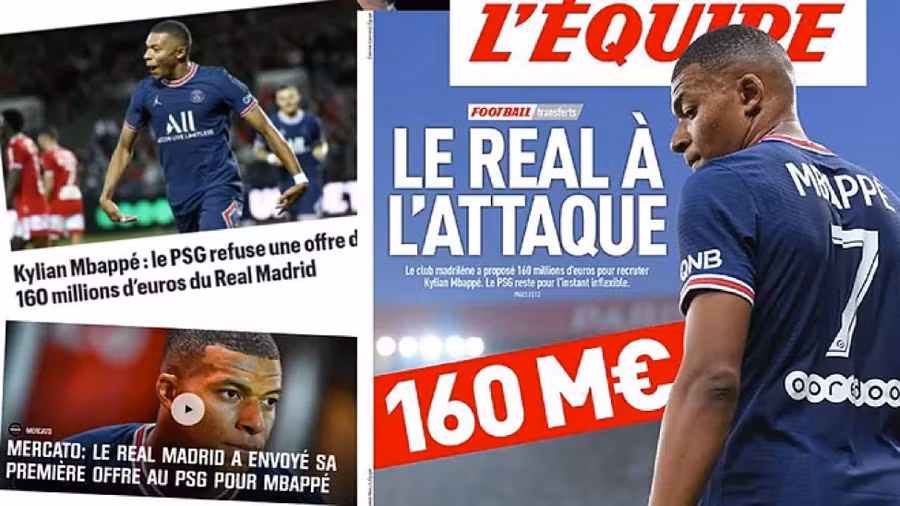 Các tờ báo Pháp viết về thương vụ Real Madrid ra giá 160 triệu euro cho Mbappe.
