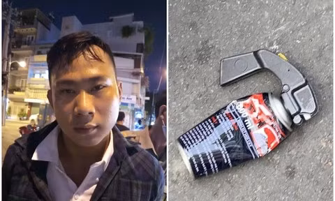 Đối tượng Nguyễn Anh Kiệt cùng bình xịt hơi cay dùng để chống trả khi bị các hiệp sĩ truy đuổi. Ảnh: Công an TP.HCM