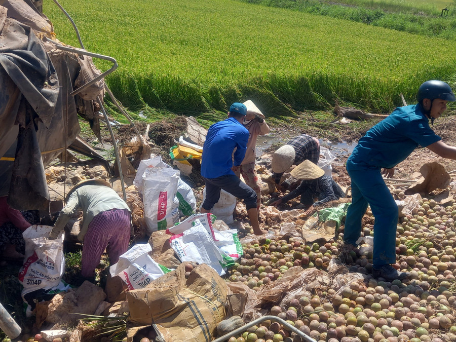 Nhiều loại trái cây trên xe bị văng vãi khắp nơi. Nhiều loại trái cây trên xe bị văng vãi khắp nơi.