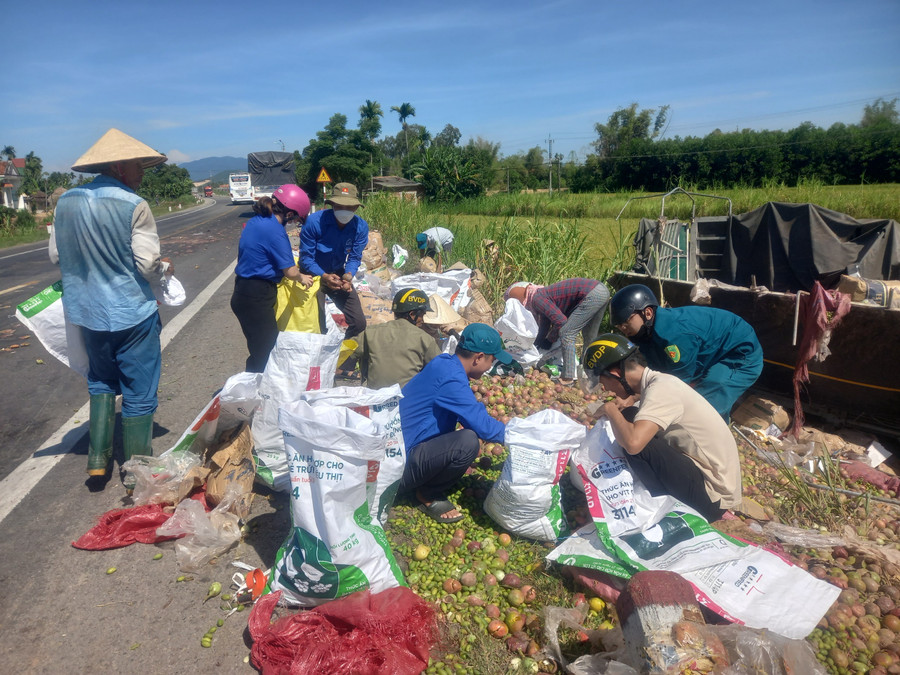 Đoàn viên phường Phổ Minh cùng ngưòi dân gom trái cây giúp tài xế. Đoàn viên phường Phổ Minh cùng ngưòi dân gom trái cây giúp tài xế.