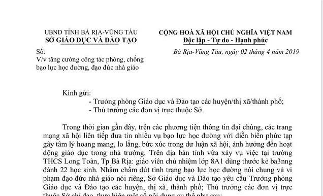 Văn bản chỉ đạo của Sở GD&ĐT tỉnh Bà Rịa- Vũng Tàu gửi các đơn vị trực thuộc yêu cầu chấn chỉnh tình trạng bạo lực học đường, vi phạm đạo đức nhà giáo