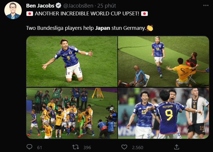 Cây bút Ben Jacobs của tờ CBSSport: “Một bất ngờ nữa tại World Cup. Hai cầu thủ Bundesliga đã ghi bàn để đánh bại đội tuyển Đức". Cây bút Ben Jacobs của tờ CBSSport: “Một bất ngờ nữa tại World Cup. Hai cầu thủ Bundesliga đã ghi bàn để đánh bại đội tuyển Đức".