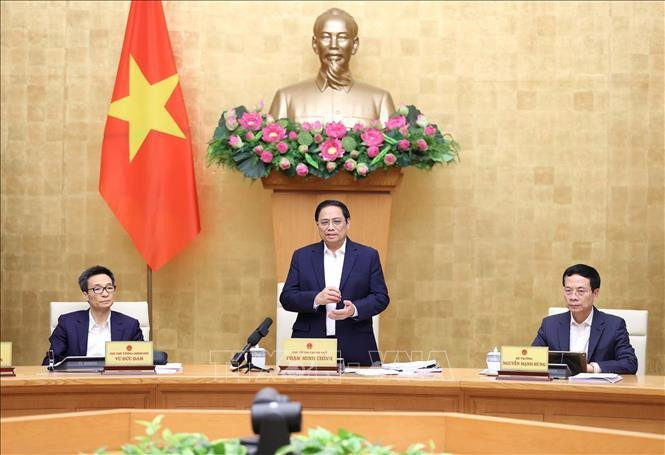 Thủ tướng Phạm Minh Chính chủ trì Hội nghị trực tuyến toàn quốc về truyền thông chính sách. Ảnh: Dương Giang/TTXVN