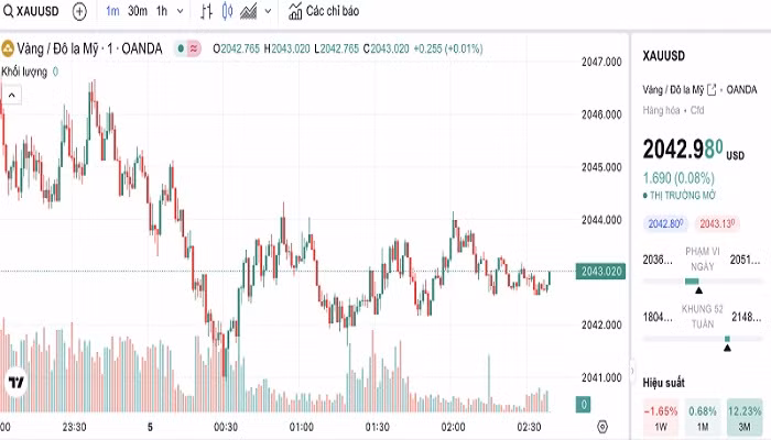 Biểu đồ biến động giá vàng trong 24 giờ qua