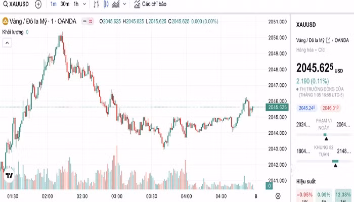 Biểu đồ biến động giá vàng trong 24 giờ qua