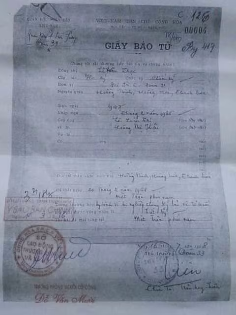 Giấy báo tử của liệt sĩ Lê Xuân Trạc.