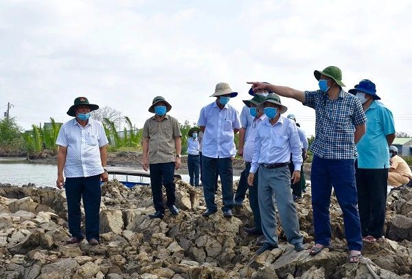 Đoàn khảo sát thực tế tuyến đê biển Tiểu Dừa thuộc xã Vân Khánh Tây, huyện An Minh (ảnh Cổng TTĐT Kiên Giang).