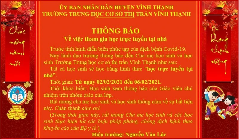 Thông báo nghỉ học của Trường THCS TT Vĩnh Thạnh (ảnh trường cung cấp). 