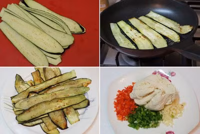 Cà tím rửa sạch, bổ dọc thành những miếng mỏng, ngâm ngay vào chậu nước có pha chút muối rồi vớt ra để ráo. Ớt chuông xanh, ớt chuông đỏ, tỏi băm nhỏ. Đậu cho vào tấm vải lưới sạch vắt ráo nước. Làm nóng ít dầu ăn trong chảo trên bếp, cho cà tím vào rán hai mặt với lửa nhỏ, rắc ít muối và hạt tiêu lên trên đĩa cà tím đã rán.