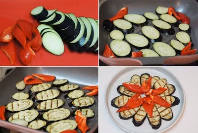 Cà tím rửa sạch, thái lát chéo 0,8cm. Ớt chuông rửa sạch, cắt miếng hình tam giác dài. Xếp các lát cà tím, ớt chuông lên chảo nướng không cần dầu. Nướng chín một mặt, bạn lật sang mặt kia tiếp tục nướng chín thì xếp ra đĩa. Xếp cà tím thành vòng tròn bên dưới và ớt chuông đỏ bên trên.