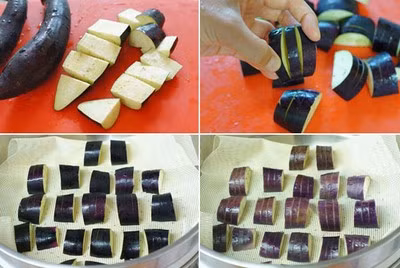 Cà tím cắt bỏ cuống, rửa sạch, cắt đôi theo chiều dọc. Cắt thành từng miếng dài 3cm, khứa hai đường giữa mỗi miếng chia thành 3 tép nhỏ liền nhau rộng 1cm. Đặt trong nồi hấp cách thủy khoảng 10 phút cho cà tím chín.