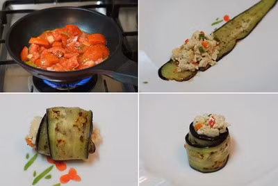 Sau đó, làm nóng dầu trên chảo, cho cà chua cắt nhỏ vào xào cùng với một ít muối tiêu trong 2 phút là được. Trải miếng cà tím ra, đặt một ít hỗn hợp đậu ớt chuông lên trên rồi cuốn lại.