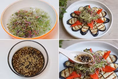 Rau mầm rửa sạch, để ráo nước, cho vào giữa chiếc đĩa trên lớp ớt chuông đỏ. Trộn nước sốt, cho tất cả nguyên liệu làm nước sốt: 2 muỗng canh giấm balsamic, 2 muỗng canh dầu oliu, 1 muỗng canh đường, 1 muỗng canh mật ong, 2 muỗng canh hành tây băm nhỏ, một ít mè rang chín thơm trộn đều, rưới nước sốt lên trên lớp rau mầm là xong.