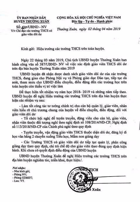 Công văn của UBND huyện Thường Xuân, ngày 2/4/2019