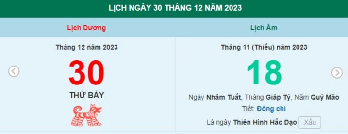 Lịch âm hôm nay - Xem lịch âm ngày 30/12