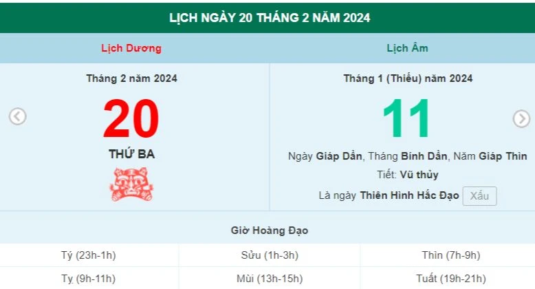 Lịch âm hôm nay - Xem lịch âm ngày 20/2