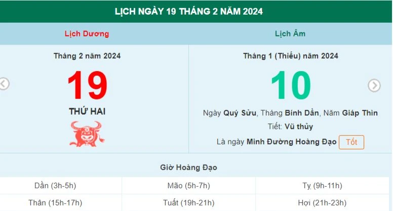 Lịch âm hôm nay - Xem lịch âm ngày 19/2