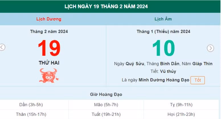 Lịch âm hôm nay - Xem lịch âm ngày 19/2