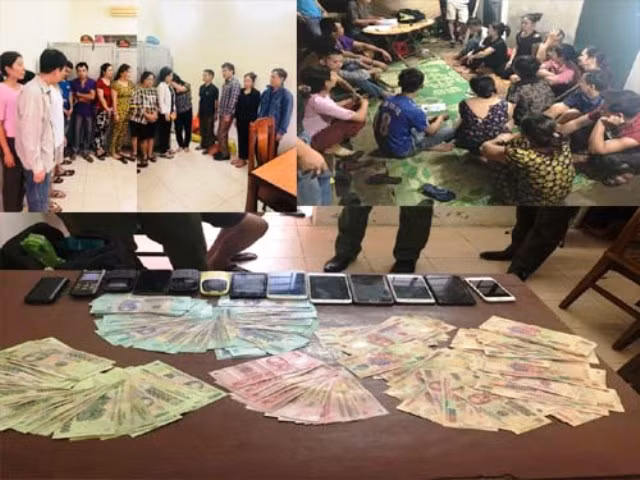 Các đối tượng và tang vật thu tại sới bạc do Đỗ Tiến Việt tổ chức