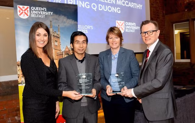 GS Trung (chủ nhiệm công trình cải thiện hệ thống thông tin liên lạc trong thiên tai) và nữ giáo sư Helen McCarrthy (chủ nhiệm một công trình tìm phương thức chế biến thuốc mới) cùng giành giải thưởng Research Innovation 2018.