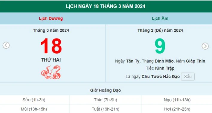 Lịch âm hôm nay - Xem lịch âm ngày 18/3