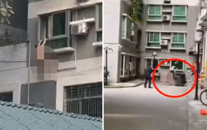 Người đàn ông sau đó ngã từ tầng 4 xuống và rơi trúng một thùng rác.