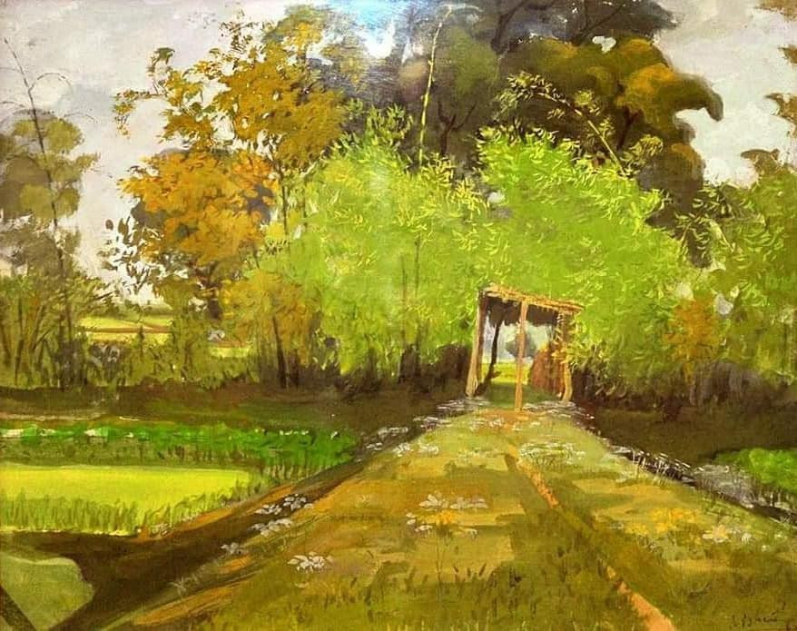 Cổng làng thời xưa là đề tài mà họa sĩ Nguyễn Đình Huống theo đuổi lâu dài.