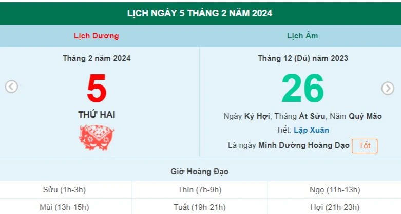 Lịch âm hôm nay - Xem lịch âm ngày 5/2