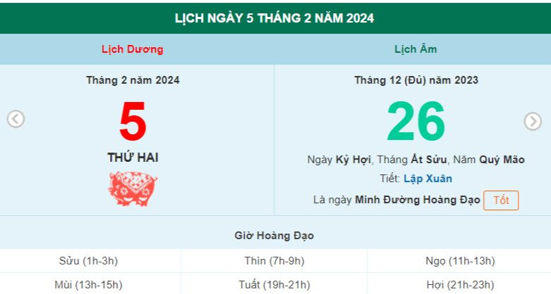 Lịch âm hôm nay - Xem lịch âm ngày 5/2