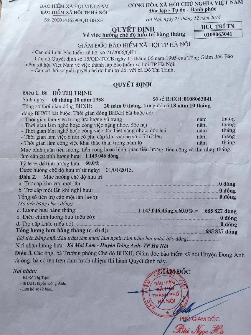 Bảng lương hưu ban đầu của cô Đỗ Thị Trịnh sau 29 năm công tác Bảng lương hưu ban đầu của cô Đỗ Thị Trịnh sau 29 năm công tác