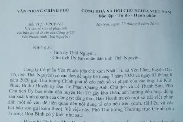 Phó Thủ tướng Trương Hòa Bình yêu cầu tỉnh Thái Nguyên làm rõ tố cáo của doanh nghiệp