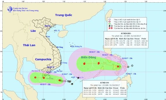 Vị trí cơn bão do Trung tâm khí tượng Thủy văn thông báo vào lúc 23h ngày 31/10.