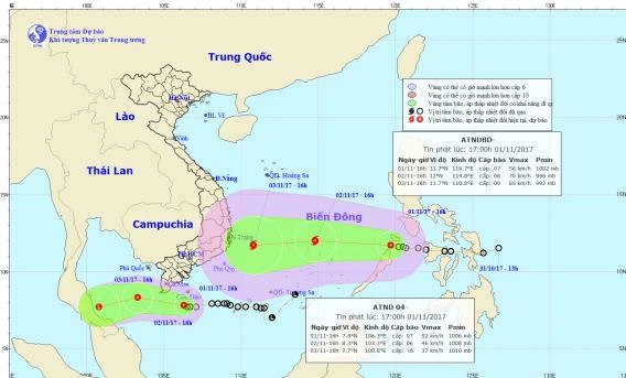 Hướng đi của bão cập nhật lúc 17 giờ chiều 1/11 theo Trung tâm khí tượng thủy văn Trung ương.