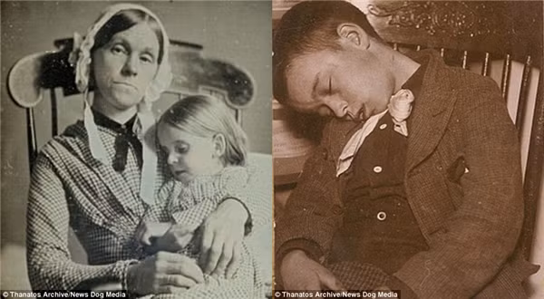 Một người mẹ chụp ảnh với đứa con gái đã chết vào những năm 1840 (trái). Bên phải là một cậu bé đã chết ngồi ngoẹo cổ trên chiếc ghế, được chụp vào năm 1901.