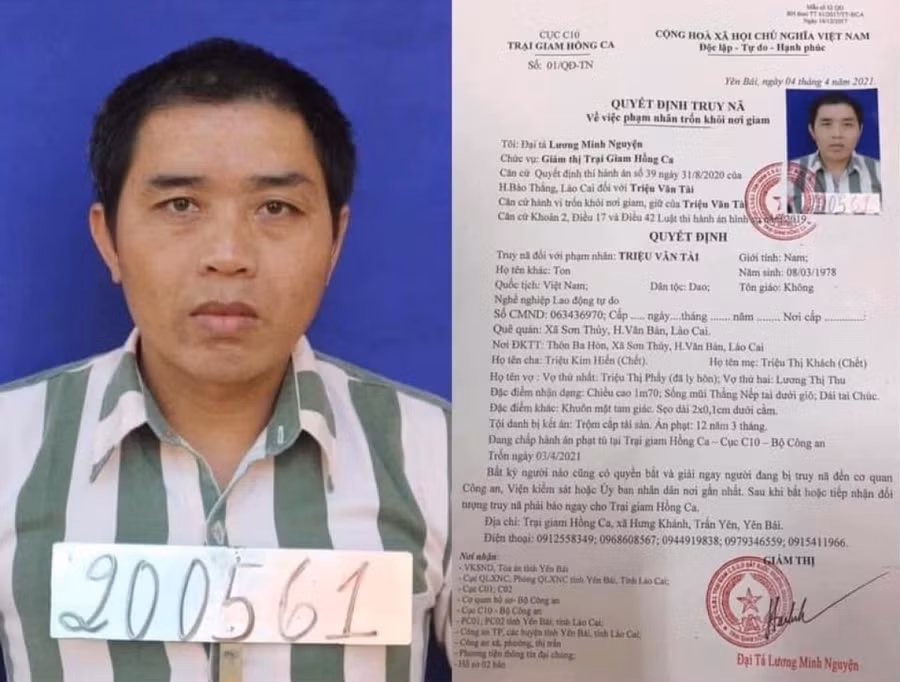 Phạm nhân Triệu Văn Tài cùng Quyết định truy nã