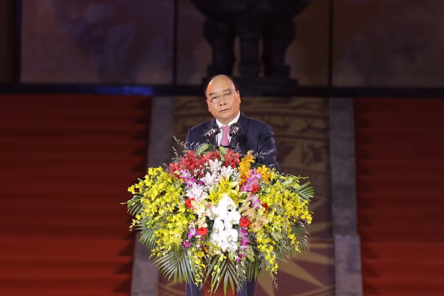 Chủ tịch nước Nguyễn Xuân Phúc phát biểu tại lễ khánh thành Đền thờ Vua Hùng tại Cần Thơ (ảnh BTC).