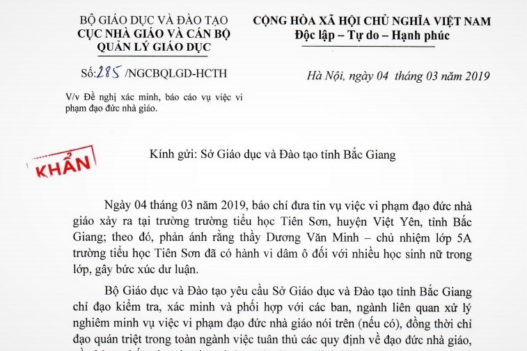 Công văn khẩn của Bộ GD&ĐT chỉ đạo Sở GD&ĐT Bắc Giang xác minh vụ việc vi phạm đạo đức nhà giáo Công văn khẩn của Bộ GD&ĐT chỉ đạo Sở GD&ĐT Bắc Giang xác minh vụ việc vi phạm đạo đức nhà giáo