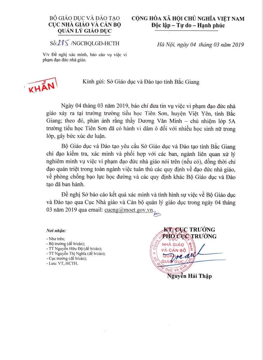 Văn bản chỉ đạo của Cục Nhà giáo và Cán bộ quản lý giáo dục gửi Sở GD&ĐT tỉnh Bắc Giang.