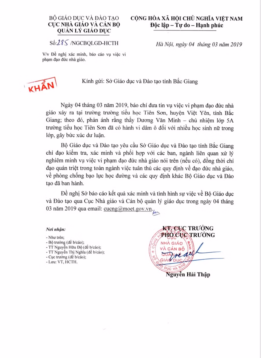 Văn bản chỉ đạo của Cục Nhà giáo và Cán bộ quản lý giáo dục gửi Sở GD&ĐT tỉnh Bắc Giang.