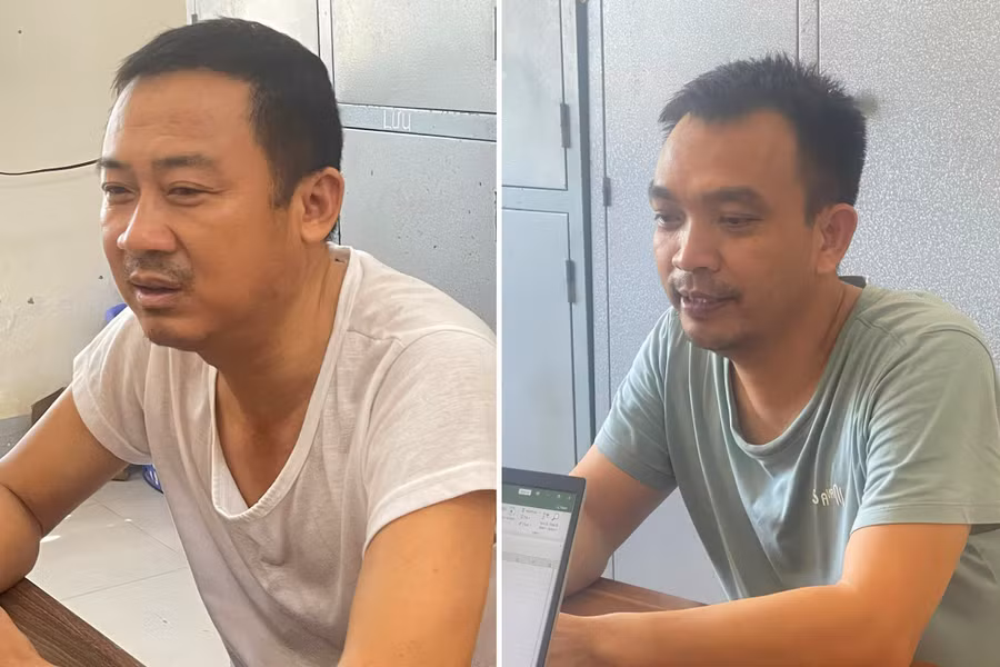 Hồ Sỹ Vọng và Nguyễn Hữu Thủy tại cơ quan công an. (Ảnh: CANA)