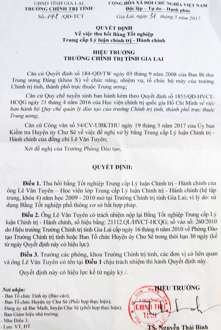 Quyết định thu hồi bằng tốt nghiệp trung cấp chính trị của ông Lê Văn Tuyên