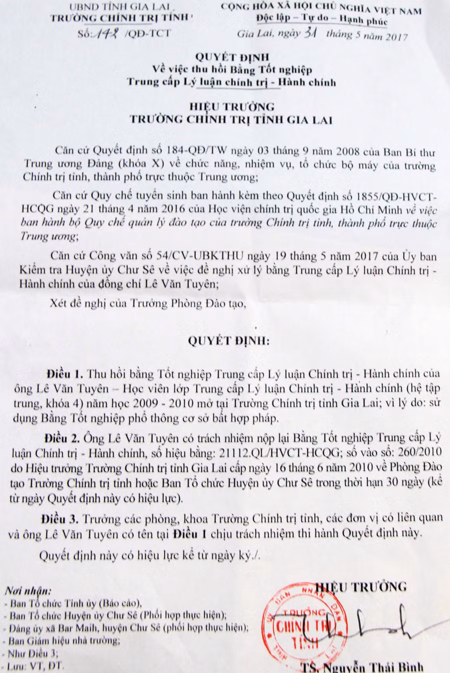 Quyết định thu hồi bằng tốt nghiệp trung cấp chính trị của ông Lê Văn Tuyên