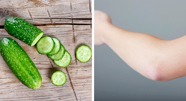 Dưa chuột Dưa chuột giàu vitamin A và C, mang đặc tính tẩy trắng rất hiệu quả. Thái lát dưa chuột rồi chà nhẹ lên khuỷu tay và đầu gối đều đặn mỗi ngày để thấy được hiệu quả.